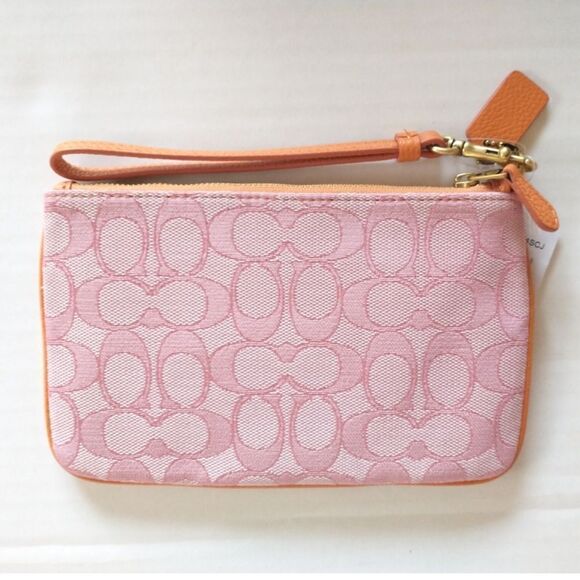 New! COACH Small Wristlet in Signature Jacquard Pebbled Leather B4/Taffy Orange - Picture 5 of 5